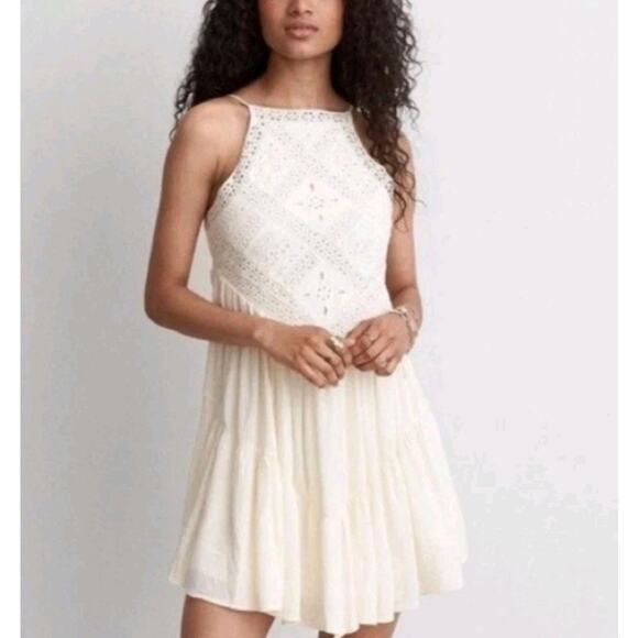 American Eagle Boho Cottage Ruffle Cream Eyelet Vintage Dress Sz Small - Picture 2 of 12
